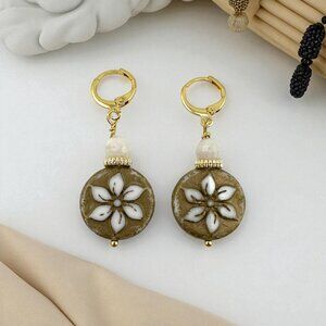 White Clematis Flower Earrings | Moonstone Accent Czech Glass | 18K Gold Filled